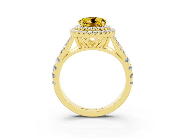 Yellow gold Double Halo Round Cut Yellow Sapphire Pavé Split Shank Ring with Prong Setting