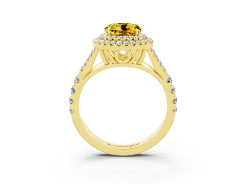 Yellow gold Double Halo Round Cut Yellow Sapphire Pavé Split Shank Ring with Prong Setting_3