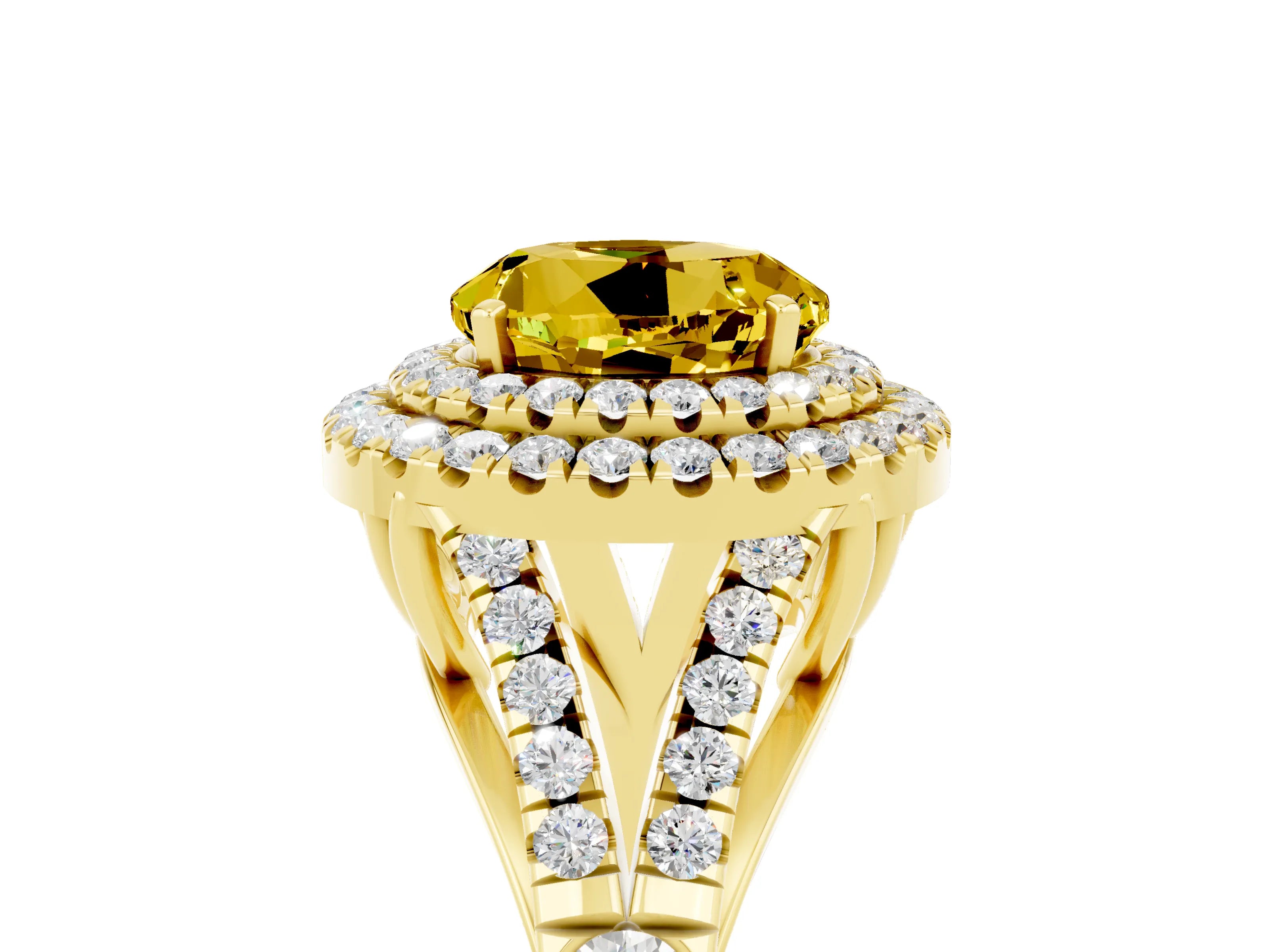 Yellow gold Double Halo Round Cut Yellow Sapphire Pavé Split Shank Ring with Prong Setting_5