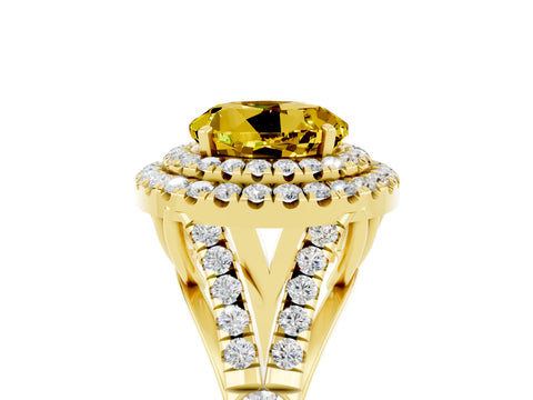 Yellow gold Double Halo Round Cut Yellow Sapphire Pavé Split Shank Ring with Prong Setting_5