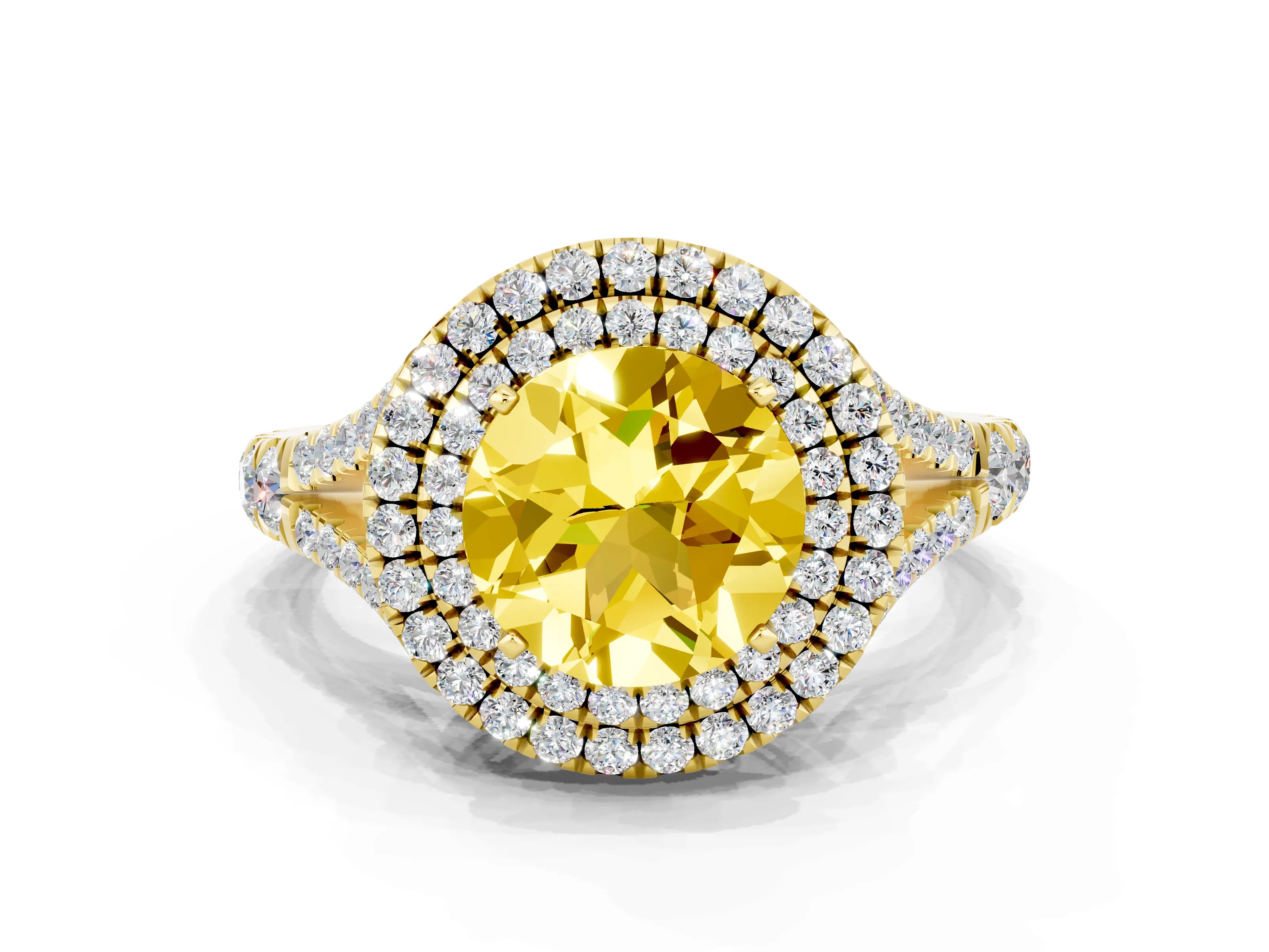 Yellow gold Double Halo Round Cut Yellow Sapphire Split Shank Engagement Ring with Four-Prong Setting