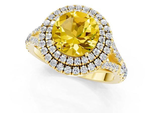 Yellow gold Double Halo Round Cut Yellow Sapphire Split Shank Engagement Ring with Four-Prong Setting