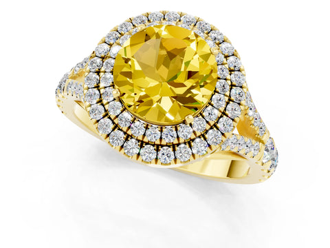 Yellow gold Double Halo Round Cut Yellow Sapphire Split Shank Engagement Ring with Four-Prong Setting_1