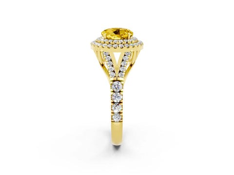 Yellow gold Double Halo Round Cut Yellow Sapphire Split Shank Engagement Ring with Four-Prong Setting_2
