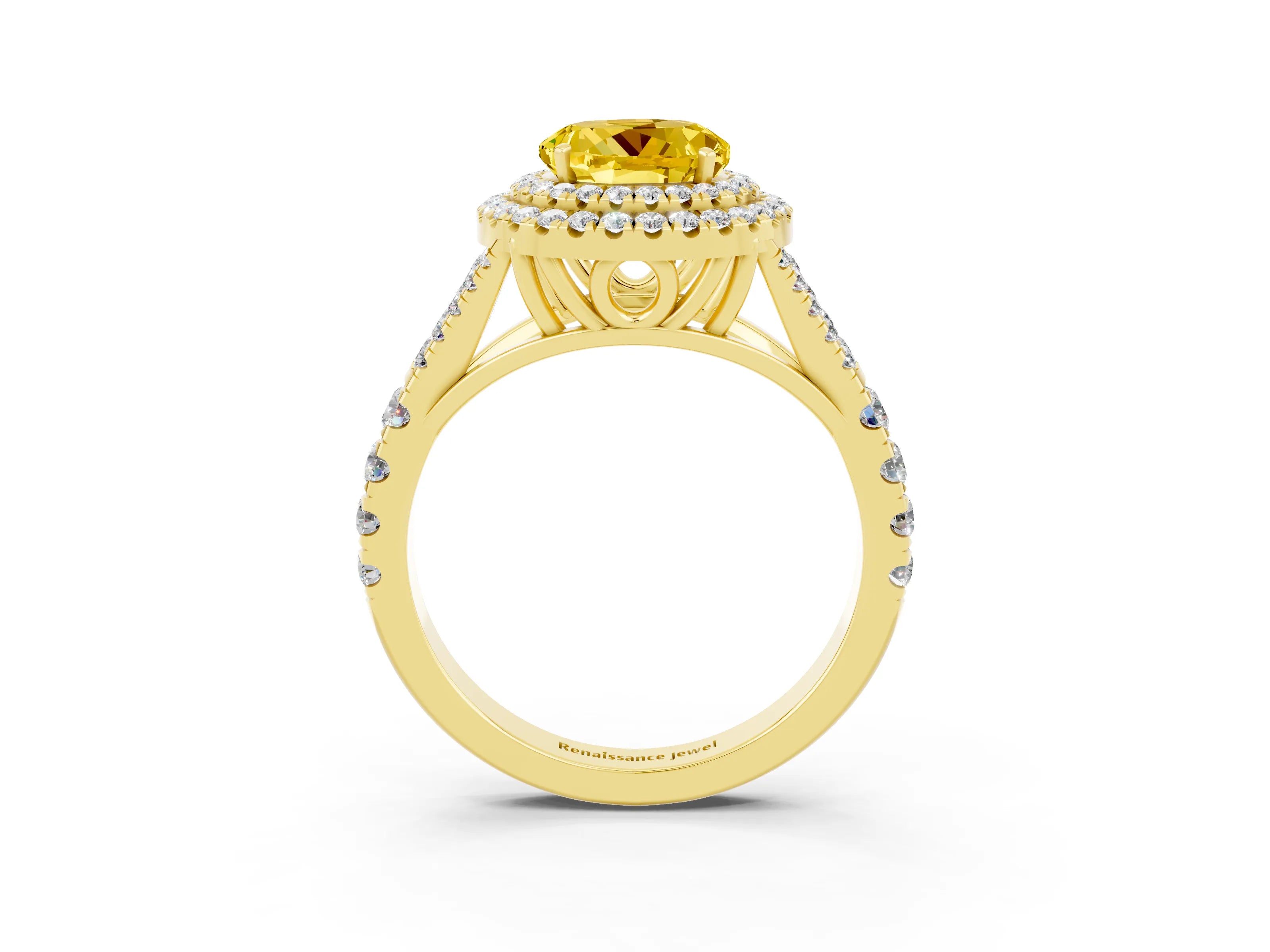 Yellow gold Double Halo Round Cut Yellow Sapphire Split Shank Engagement Ring with Four-Prong Setting_3