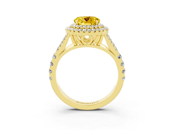 Yellow gold Double Halo Round Cut Yellow Sapphire Split Shank Engagement Ring with Four-Prong Setting