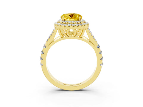 Yellow gold Double Halo Round Cut Yellow Sapphire Split Shank Engagement Ring with Four-Prong Setting_3