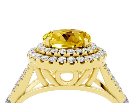 Yellow gold Double Halo Round Cut Yellow Sapphire Split Shank Engagement Ring with Four-Prong Setting_4
