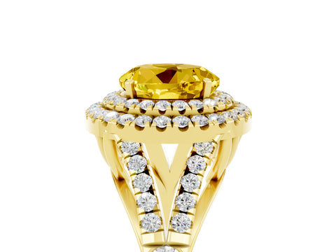 Yellow gold Double Halo Round Cut Yellow Sapphire Split Shank Engagement Ring with Four-Prong Setting_5