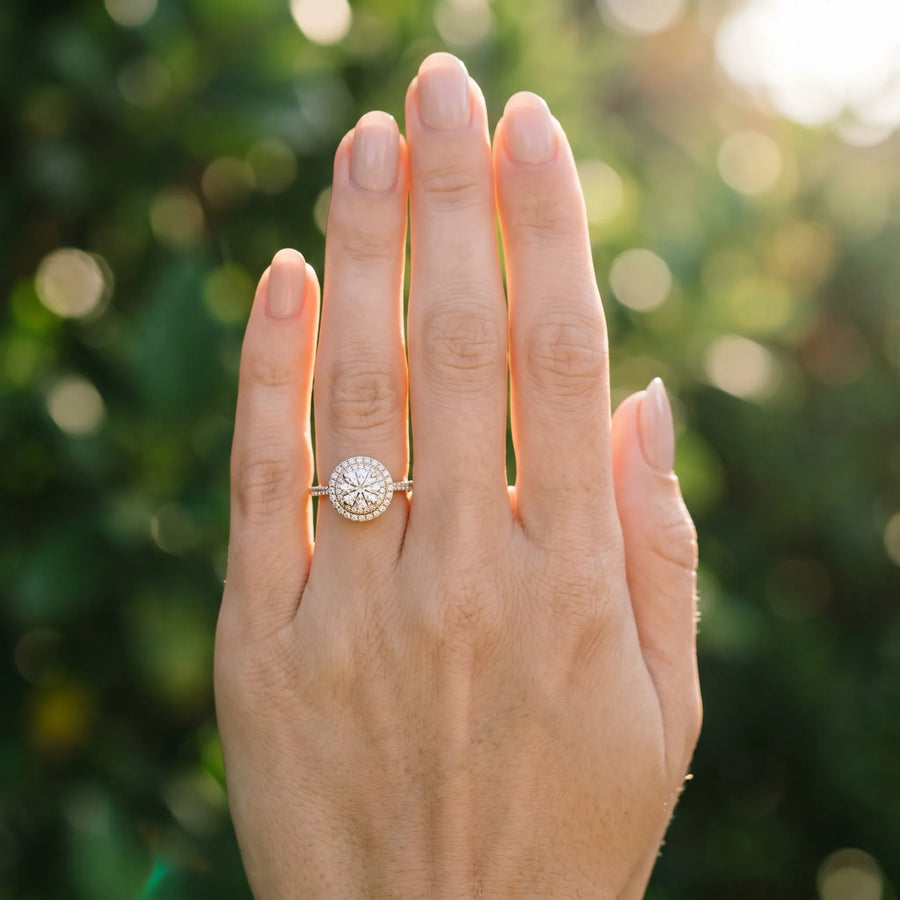 Yellow gold Double Halo Round Diamond Pavé Band Prong Setting Ring