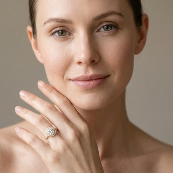 Yellow gold Double Halo Round Diamond Pavé Band Prong Setting Ring