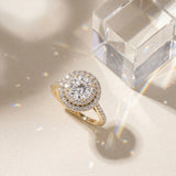 Yellow gold Double Halo Round Diamond Pavé Band Prong Setting Ring_9
