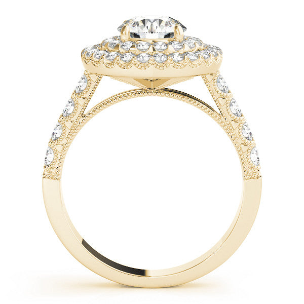 Yellow gold Double Halo Round Diamond Pave Band Four-Prong Ring 1