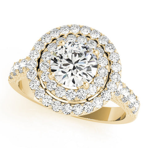 Yellow gold Double Halo Round Diamond Pave Band Four-Prong Ring