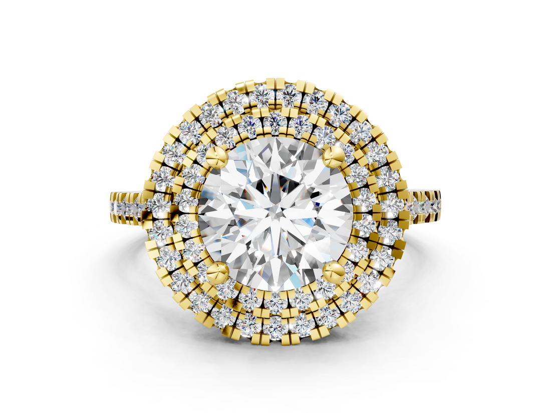 Yellow gold Double Halo Round Diamond Pave Band with Four-Prong Setting_60