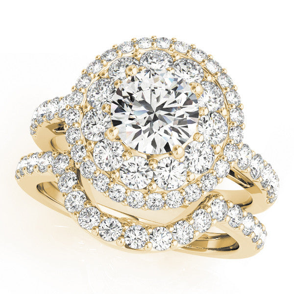 Yellow gold Double Halo Round Diamond Pave Split Shank Prong Setting Ring 1