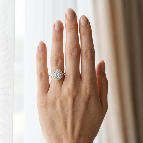 Yellow gold Double Halo Round Diamond Pave Split Shank Prong Setting Ring