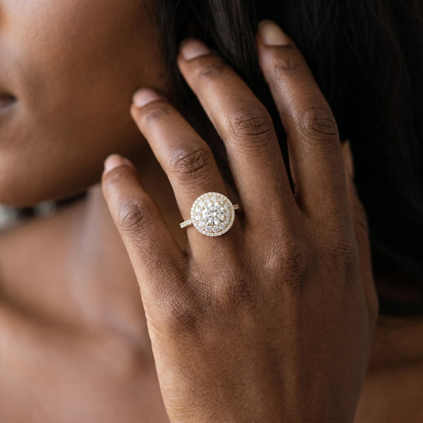 Yellow gold Double Halo Round Diamond Pave Split Shank Prong Setting Ring