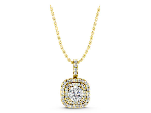 Yellow gold Double Halo Round Diamond Pendant with Pavé Setting and Prong Setting
