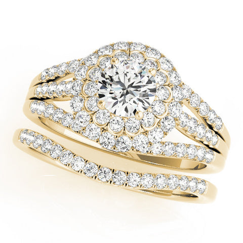 Yellow gold Double Halo Round Diamond Split Shank Pave Set Ring 1