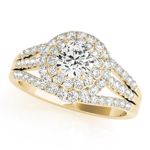 Yellow gold Double Halo Round Diamond Split Shank Pave Set Ring