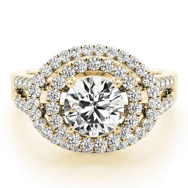 Yellow gold Double Halo Round Diamond Split Shank Prong Setting Ring