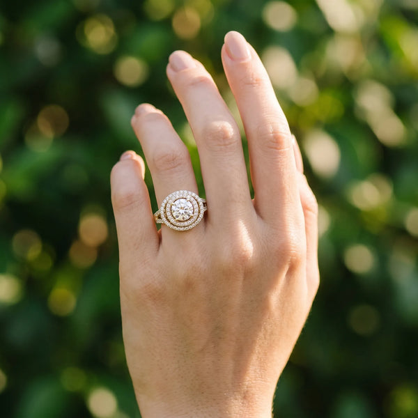 Yellow gold Double Halo Round Diamond Split Shank Prong Setting Ring