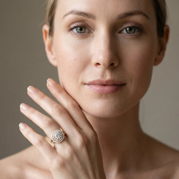 Yellow gold Double Halo Round Diamond Split Shank Prong Setting Ring
