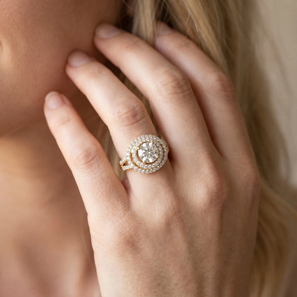 Yellow gold Double Halo Round Diamond Split Shank Prong Setting Ring