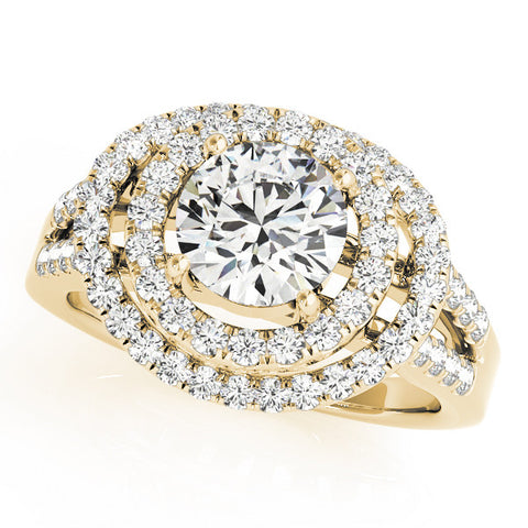 Yellow gold Double Halo Round Diamond Split Shank Prong Setting Ring