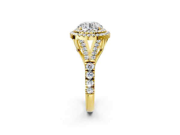 Yellow gold Round Cut Diamond Double Halo Ring with Split Shank and Prong Setting