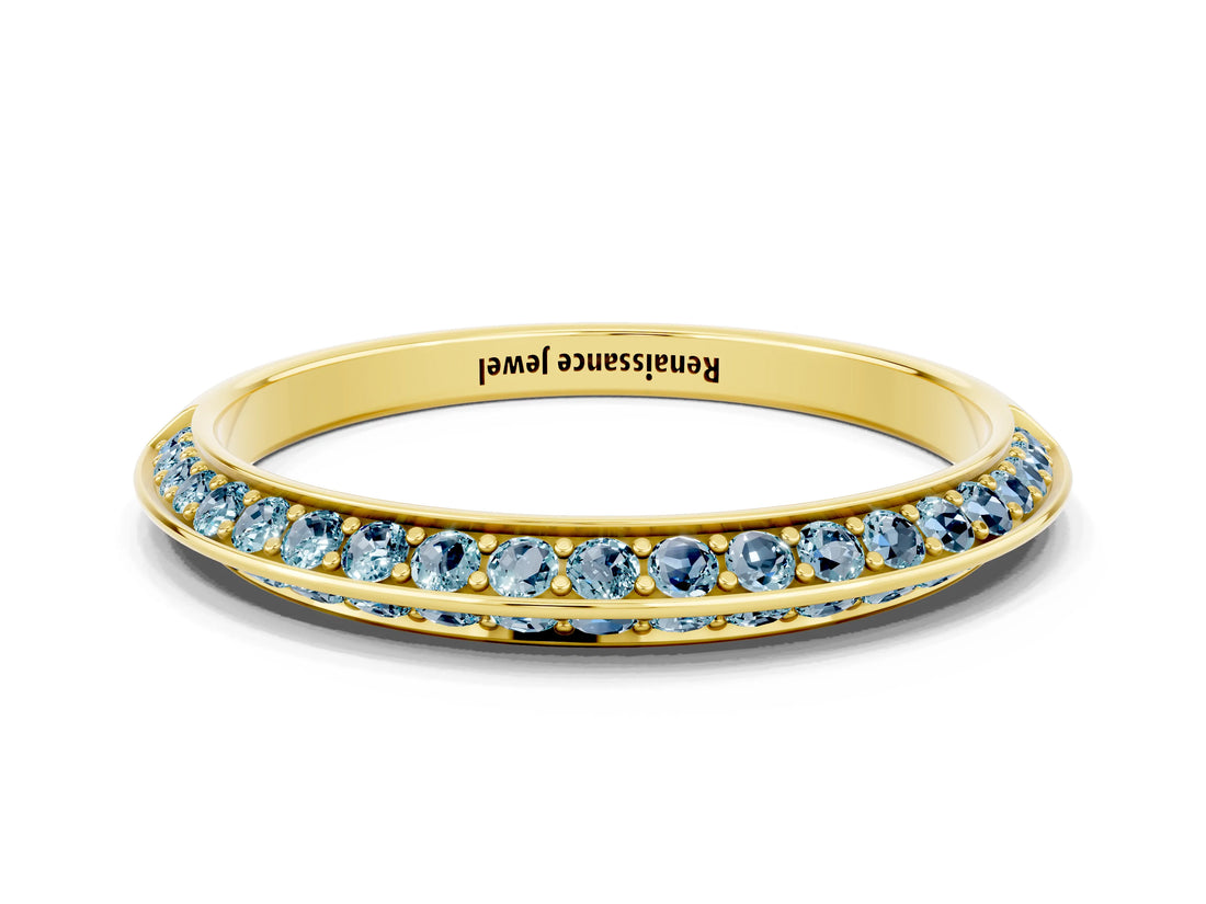 Yellow gold Double Row Pavé Round Aquamarine Eternity Band with Channel Setting_6
