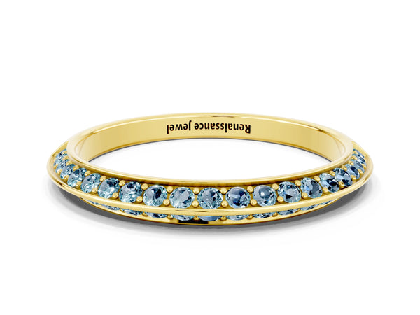 Yellow Gold Round Aquamarine Double Row Knife Edge Pave Half Eternity Band