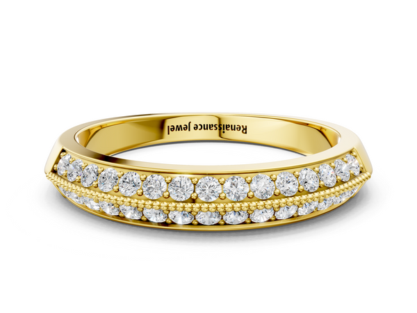 Yellow gold Double Row Pavé Round Diamond White Gold Band with Shared Prong Setting