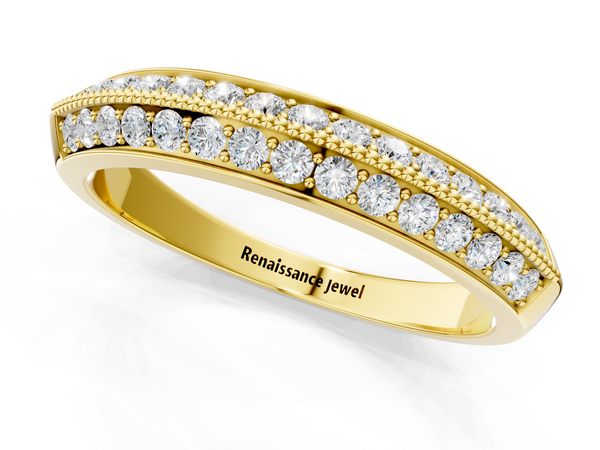 Yellow gold Double Row Pavé Round Diamond White Gold Band with Shared Prong Setting