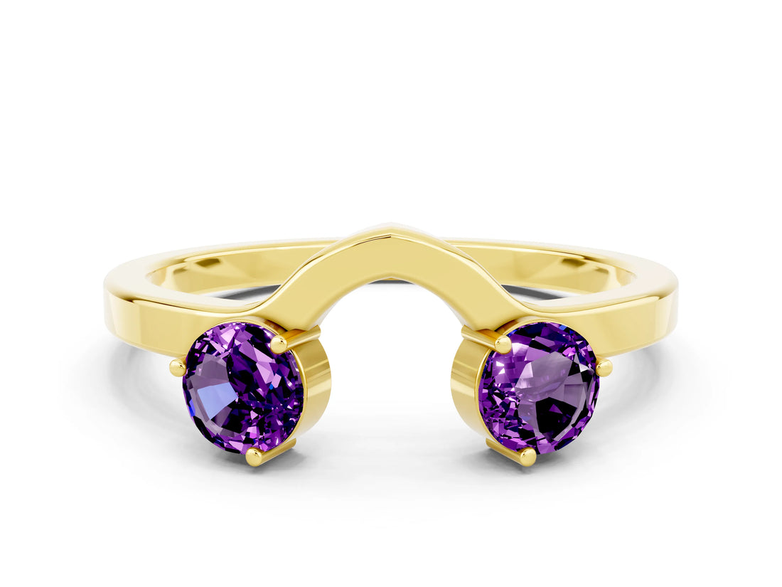Yellow gold Dual Round Amethyst Open Band Ring with Prong Setting_6