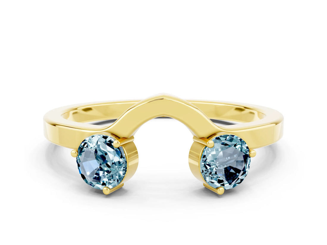 Yellow gold Dual Round Aquamarine Open Band Ring with Prong Setting_6