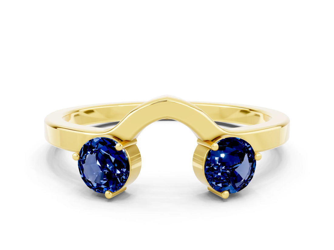 Yellow gold Dual Round Blue Sapphire Open Band Ring with Prong Setting_6