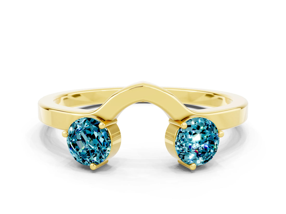 Yellow gold Dual Round Blue Topaz Open Band Ring with Prong Setting_6