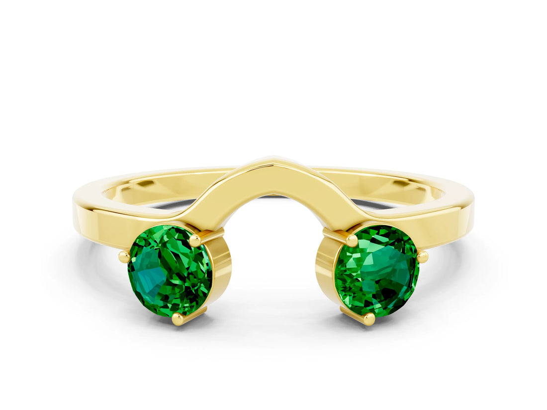 Yellow gold Dual Round Emerald Open Band Ring with Prong Setting_6