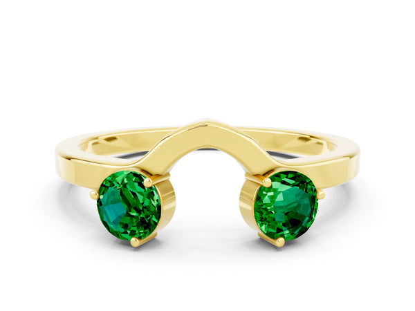 Yellow Gold Princess Cut Lab-Grown Emerald Two Stone Open U Curved Wedding Band