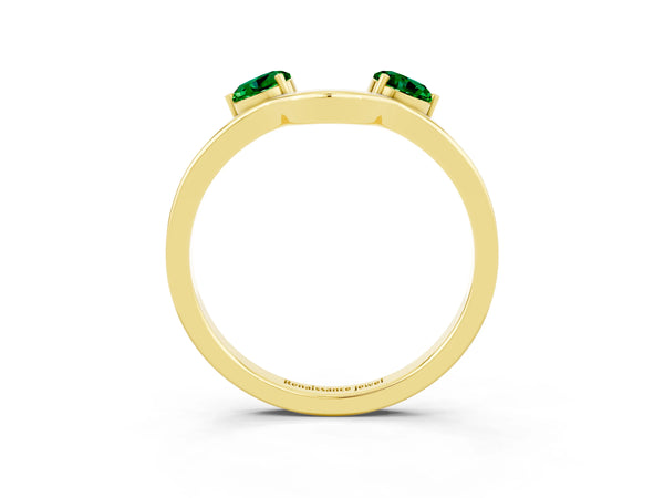Yellow Gold Princess Cut Lab-Grown Emerald Two Stone Open U Curved Wedding Band