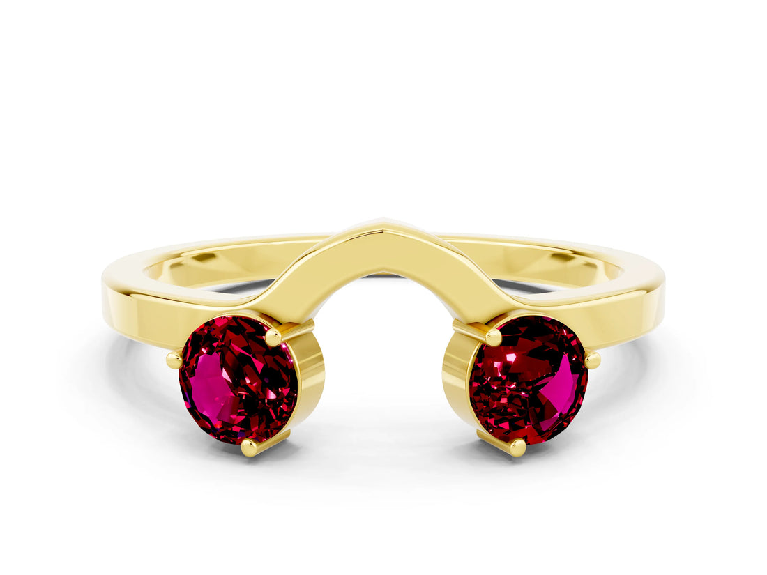 Yellow gold Dual Round Garnet Open Band Ring with Prong Setting_6