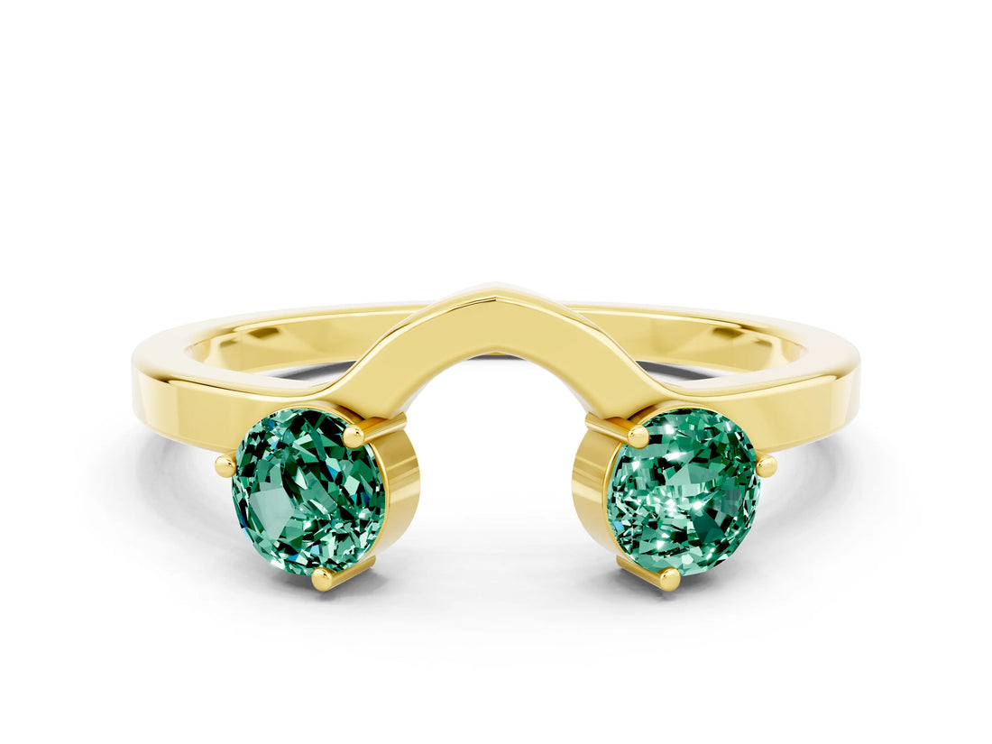 Yellow gold Dual Round Green Sapphire Open Band Ring with Prong Setting_6