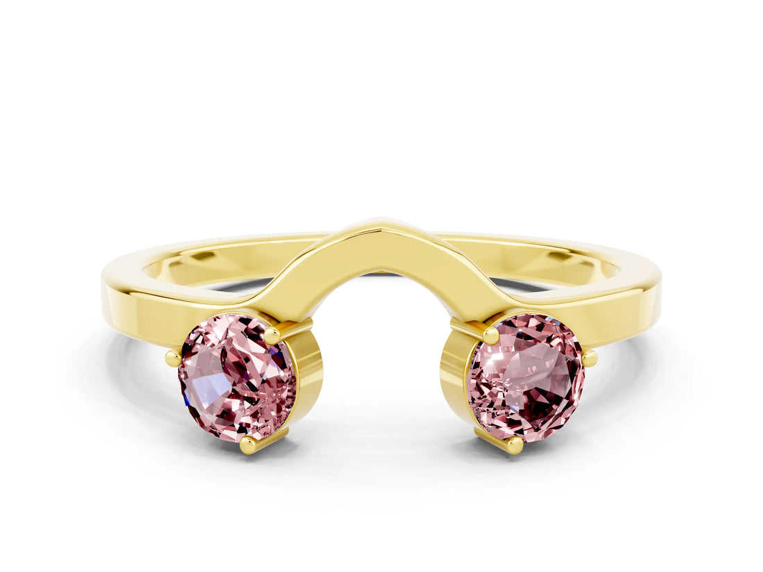 Yellow gold Dual Round Morganite Open Band Ring with Prong Setting_6