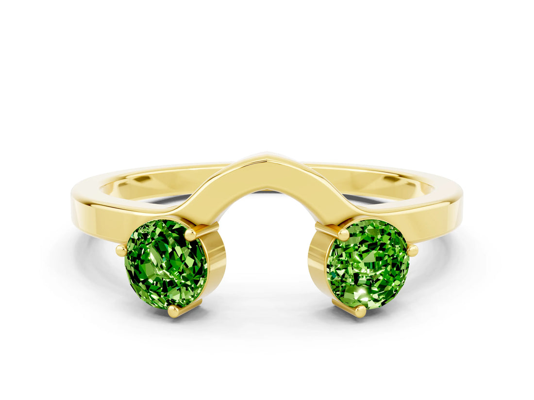 Yellow gold Dual Round Peridot Open Band Ring with Prong Setting_6