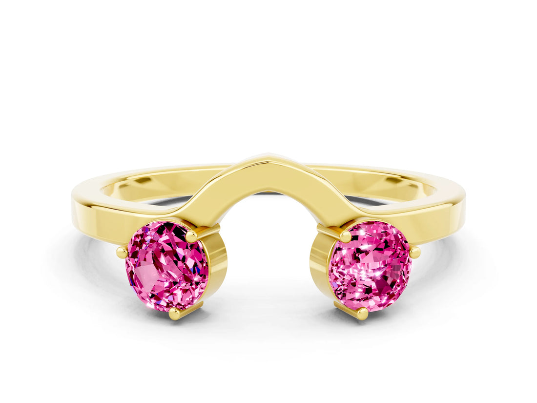 Yellow gold Dual Round Pink Sapphire Open Band Ring with Prong Setting_18