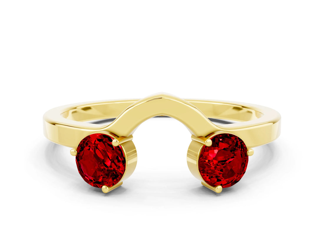 Yellow gold Dual Round Ruby Open Band Ring with Prong Setting_6