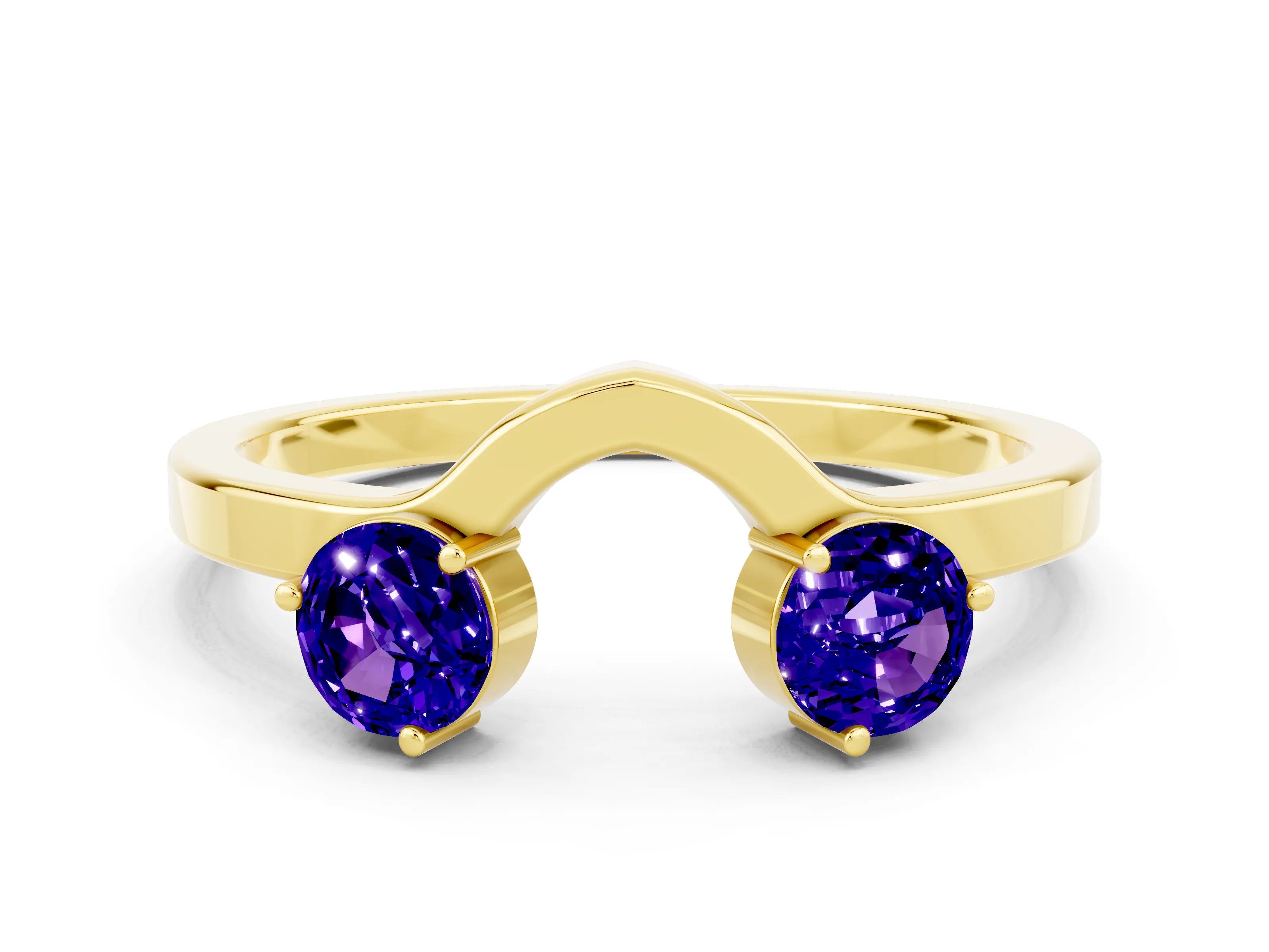 Yellow gold Dual Round Tanzanite Open Band Ring with Prong Setting_6