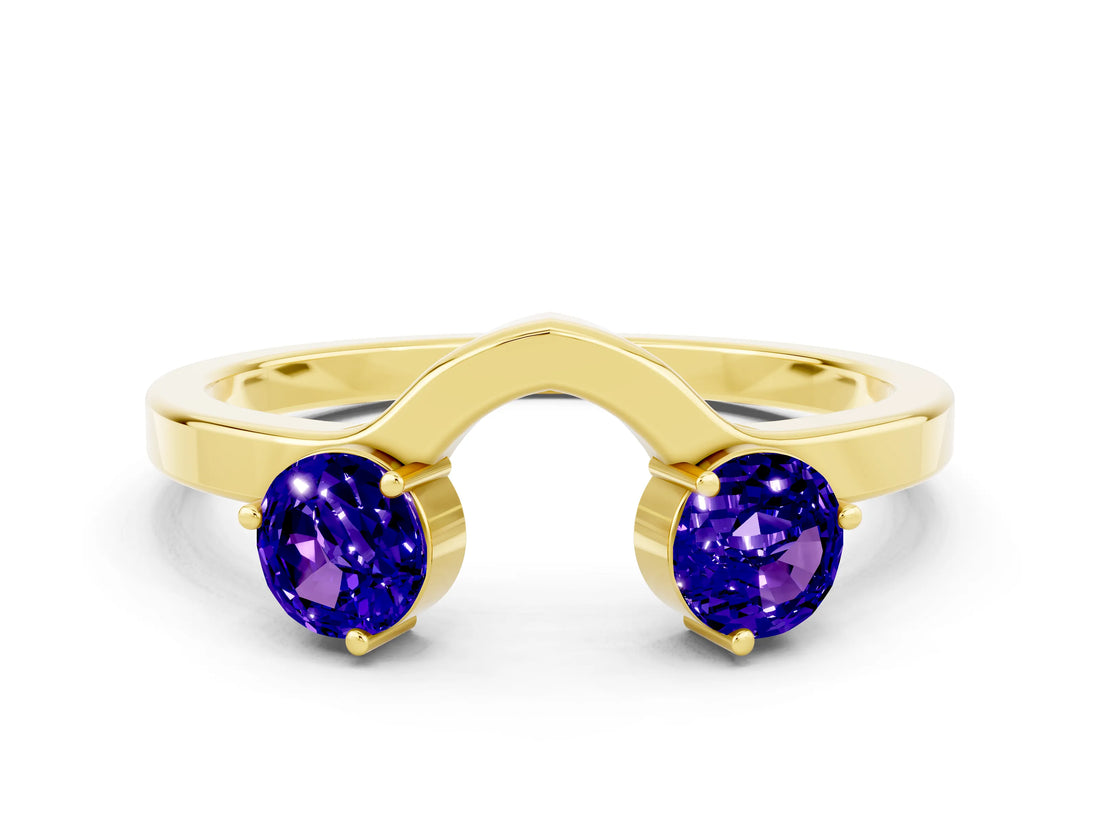 Yellow gold Dual Round Tanzanite Open Band Ring with Prong Setting_6
